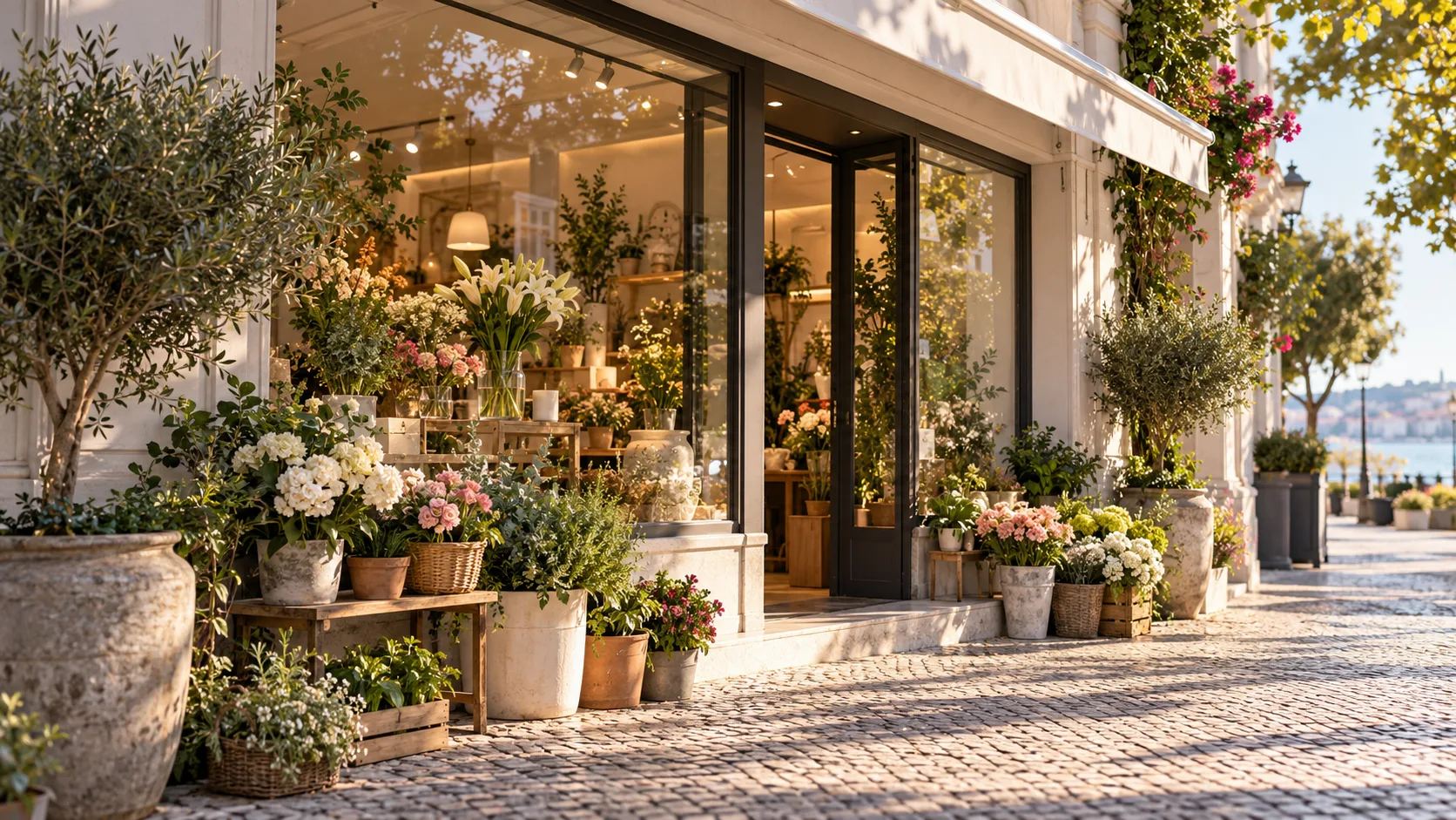 Fachada de uma florista com flores e plantas à entrada